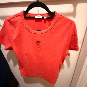 Aritzia Sunday Best Size L Waist Length Red Women's Top Strawberry Embroidery